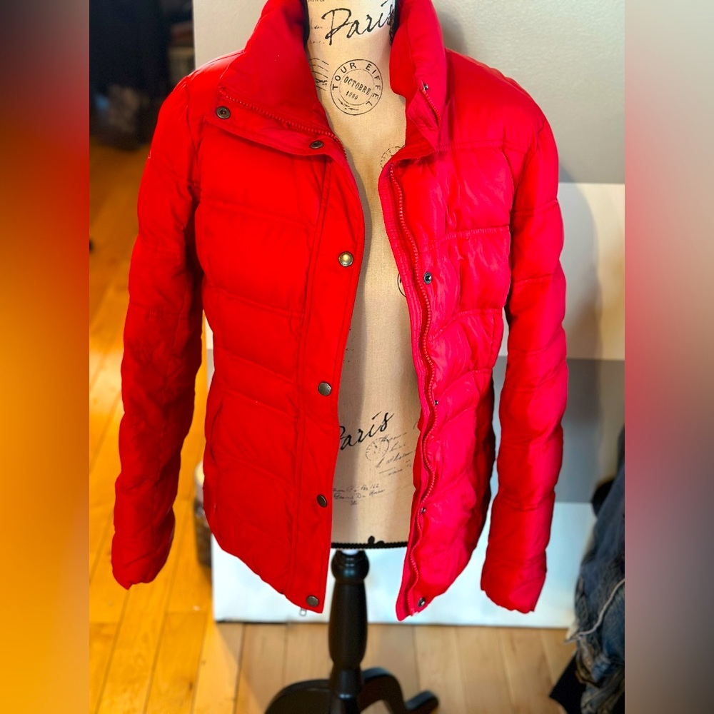 Lands’ End Red Zip/Button Puffer Jacket | Size Medium